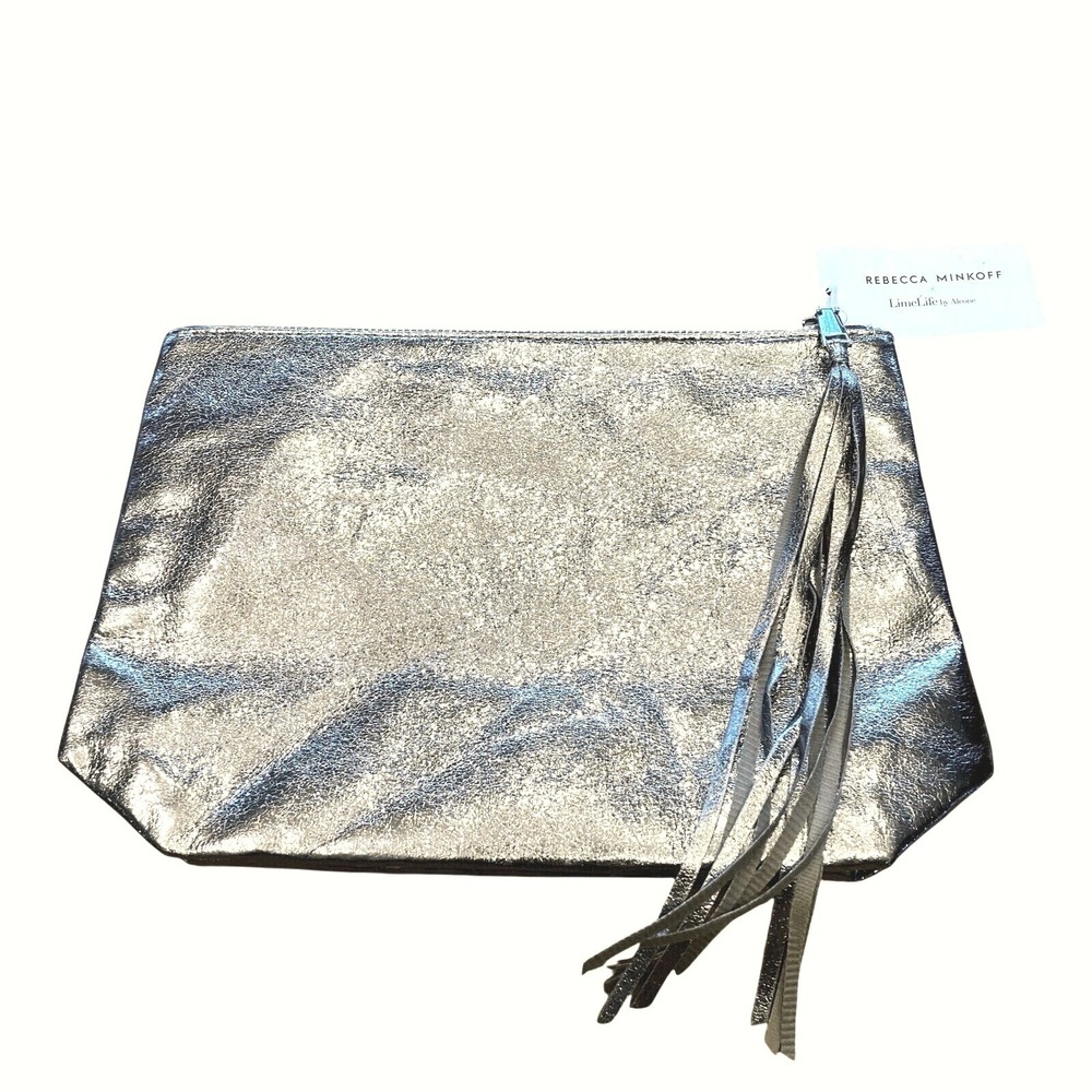 Rebecca‎ Minkoff & Lime Life zip vegan clutch with tassel gold metallic NWT
